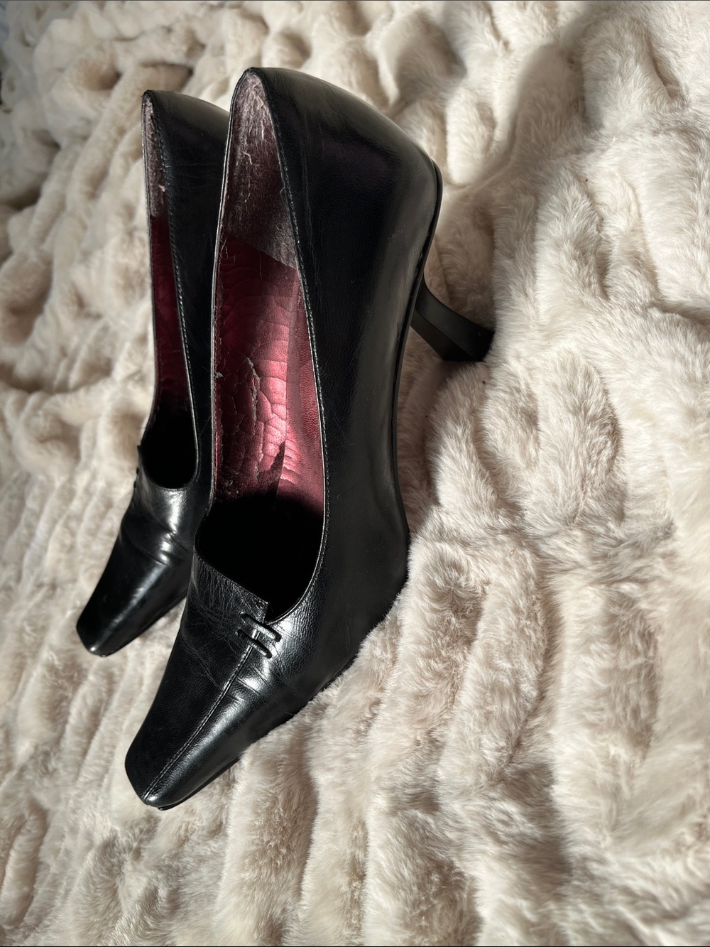 Nine West Black Leather Square-Toe Pumps with Burgundy Insole